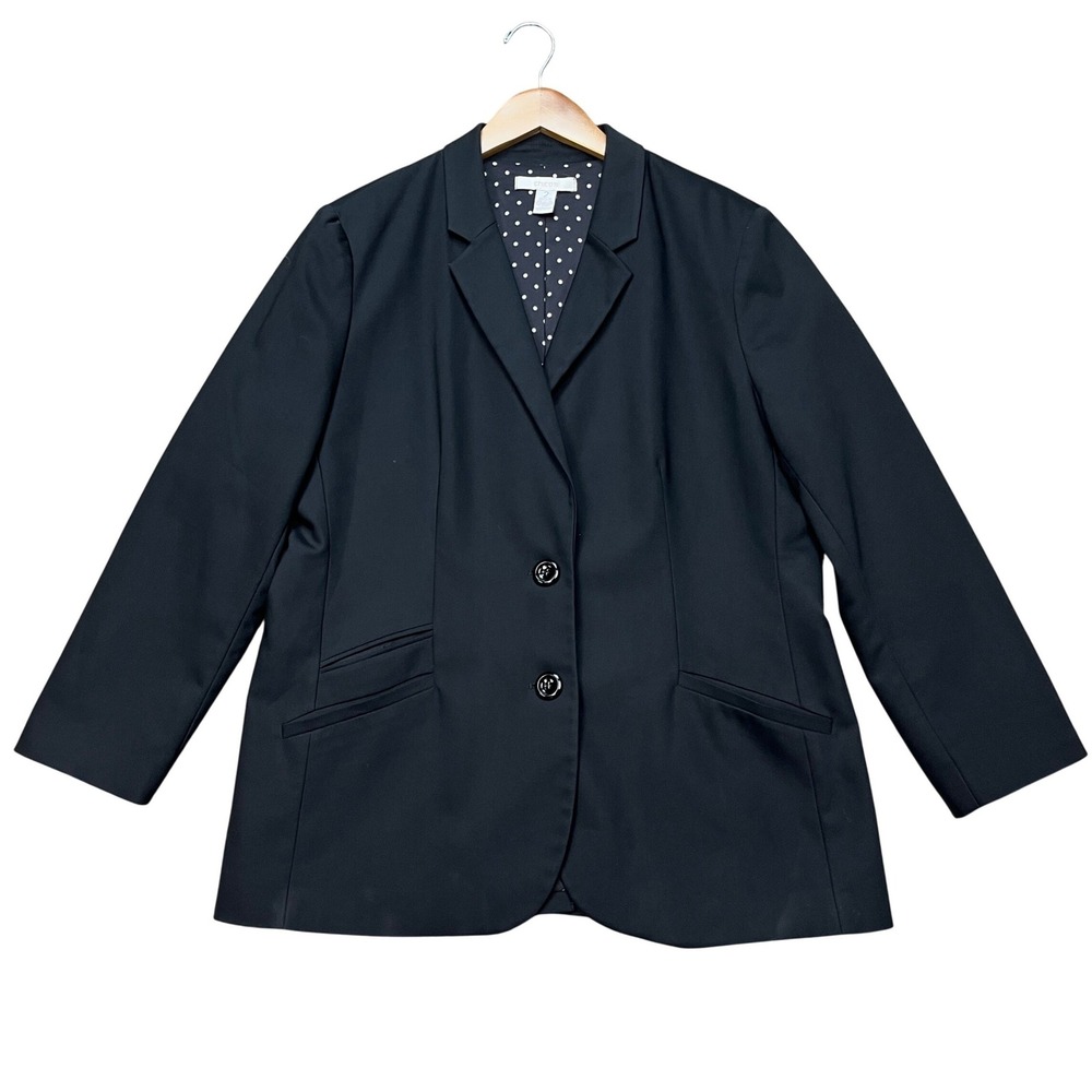 Chico's Blazer Women 2 Navy Blue Long Sleeve Stretch Polka Dot Lining 2-Button